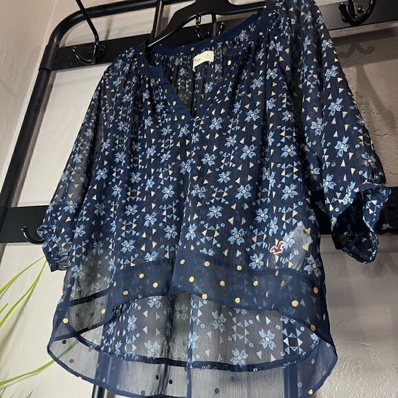 Hollister Boho Peasant Blouse Chiffon 3/4 Sleeve blue Size Small - Picture 10 of 16